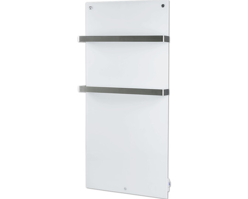 Weißer Handtuchwärmer mit zwei Handtuchhaltern aus Metall