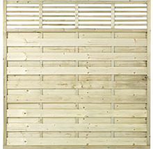 Holzzaun mit horizontalen Brettern und Lamellenelement