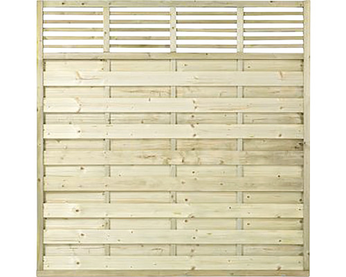 Holzzaun mit horizontalen Brettern und Lamellenelement