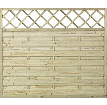 Holzzaun mit horizontalen Brettern und Rankgitter