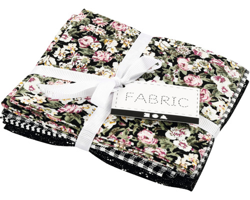 Patchworkstoff schwarz, 45x55 cm, 4 Stück/1 Bündel Stapel Stoffstücke mit Blumenmuster und Karo-Muster, gebunden mit einer Schleife.