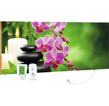 Infrarotheizung mit Orchideenmotiv, Steinen und Kerzen