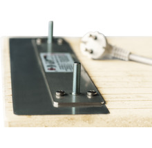 Detailansicht einer Metallplatte mit Schrauben und Stecker auf Holzgrund.