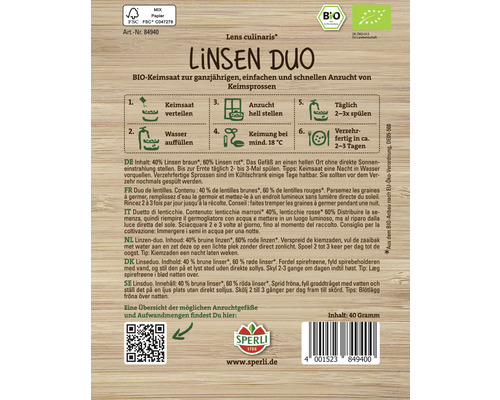 Linsen Duo Keimsaat Packung mit Anweisungen