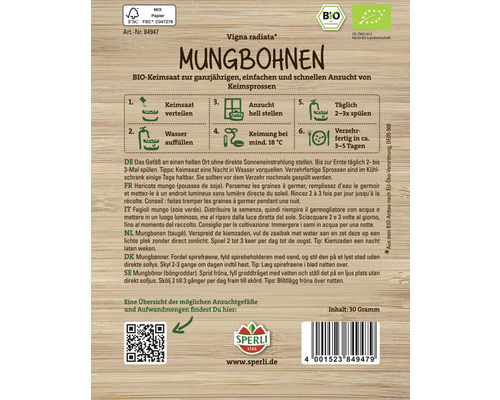 Mungbohnen Keimsaat Packung für Sprossenanzucht