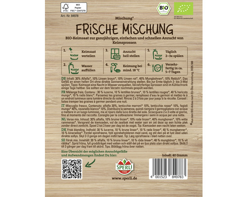Samenpackung für frische Sprossenmischung mit Anzuchtanleitung und Sperli Logo
