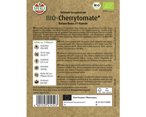 Sperli Bio Cherrytomate Bolstar Baloe F1-Hybride Saatgutpackung