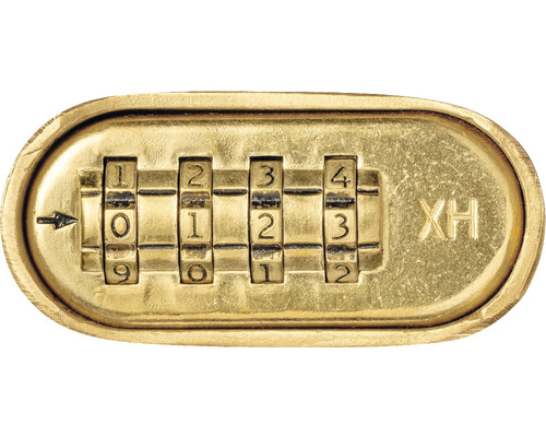 Messingsfarbenes Zahlenschloss mit vier Ziffernrollen und Markierung XH