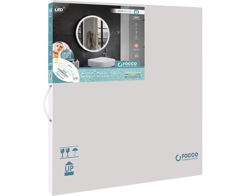 Verpackung eines runden LED Badspiegels von Focco