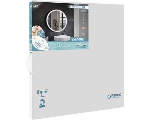 Verpackung eines runden LED-Badezimmerspiegels von Focco