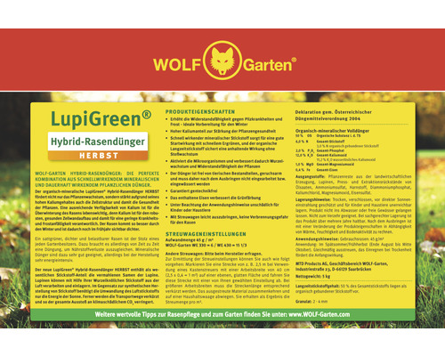 Wolf Garten LupiGreen Hybrid-Rasendünger Herbst zur Stärkung des Rasens