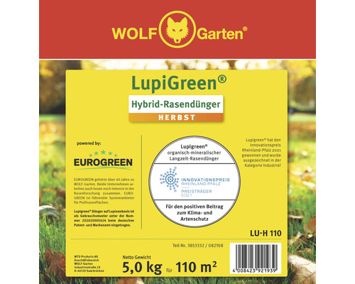 Wolf Garten LupiGreen Hybrid-Rasendünger für den Herbst, 5,0 kg für 110 Quadratmeter