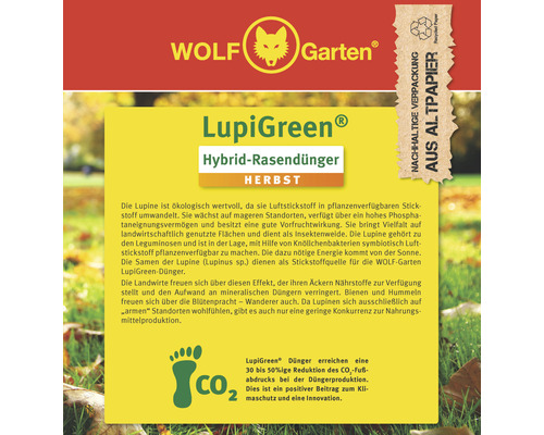 Wolf Garten LupiGreen Hybrid-Rasendünger für den Herbst. Nachhaltige Verpackung aus Altpapier.