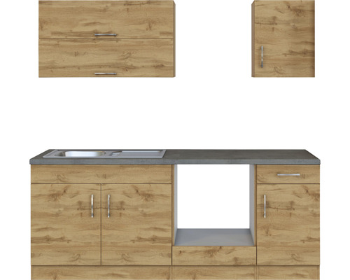 Küchenzeile mit Spüle, Hängeschränken und Unterschränken in Holzoptik