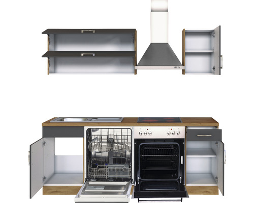 Küchenzeile mit Spüle, Geschirrspüler, Herd, Backofen, Dunstabzugshaube und Schränken