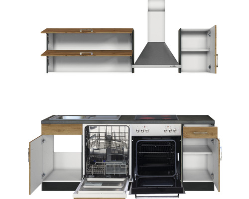 Komplette Küchenzeile mit Spüle, Kochfeld, Geschirrspüler, Backofen, Dunstabzugshaube und Schränken