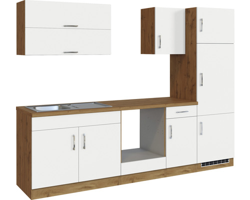 Komplette Küchenzeile mit Spüle, Schränken und Schubladen in Holzdekor und Weiß
