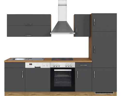 Küchenzeile mit Spüle, Geschirrspüler, Herd, Backofen, Dunstabzugshaube und Schränken