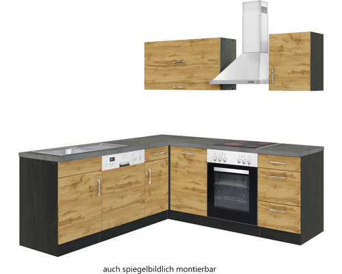 Komplette Küchenzeile mit Elektrogeräten, Spüle, Geschirrspüler, Kochfeld, Backofen und Dunstabzugshaube