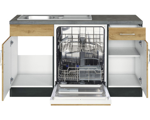 Küchenzeile mit Spüle, Schublade, Spülmaschine und Schränken