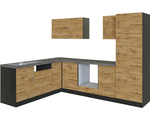 Einbauküche mit Spüle, Unterschränken und Hängeschränken in Holzoptik