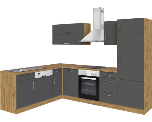 Moderne Küchenzeile mit Spüle, Geschirrspüler, Backofen, Herd und Dunstabzugshaube