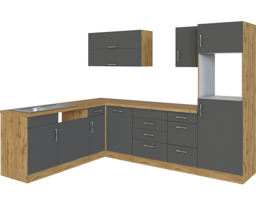 Moderne Eckküche mit Arbeitsplatte in Holzoptik und grauen Schrankfronten.
