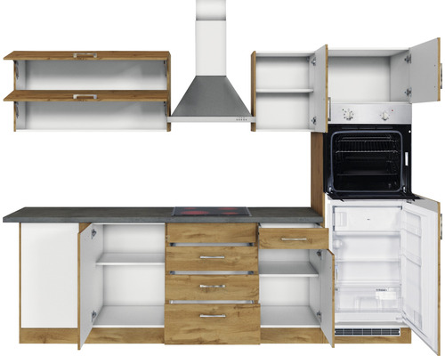 Küchenzeile mit Hängeschränken, Dunstabzugshaube, Herd, Backofen und Kühlschrank