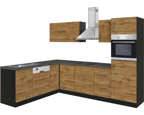 Moderne Küche mit Spüle, Geschirrspüler, Kochfeld, Backofen und Dunstabzugshaube