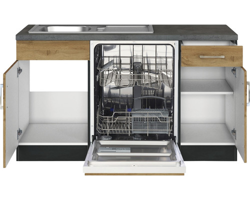 Küchenzeile mit Spüle, Schublade, Schrankfächern und Geschirrspüler