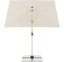 Rechteckiger Gartenschirm mit Holzstiel und Schirmständer.