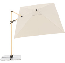 Quadratischer Sonnenschirm mit Holzständer und Steinfuß