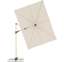 Rechteckiger Sonnenschirm mit Holzrahmen und Steinsockel für den Außenbereich