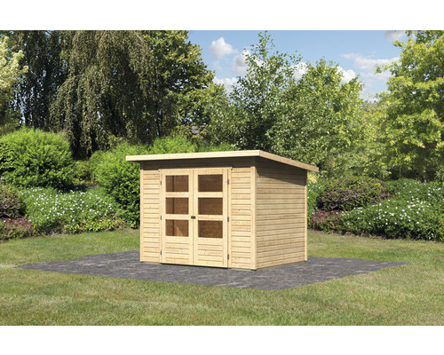 Gartenhaus aus Holz mit Doppeltür und Flachdach im Garten