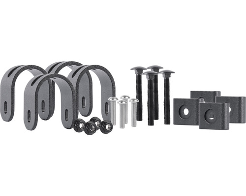 Zaunfeldhalter-Set ALBERTS für Chaussee verstellbar, beweglich, Aluminum schwarz Befestigungssatz mit Bügeln, Schrauben und Muttern