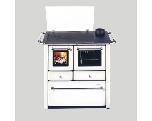 Festbrennstoffherd Westminster K85F weiß Backofen rechts mit Stahlplatten-Kochfeld Holzherd mit Kochfeld und Backofen