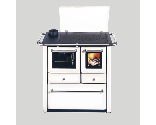 Festbrennstoffherd Westminster K85F weiß Backofen links mit Stahlplatten-Kochfeld Holzherd mit Kochfeld und Backofen