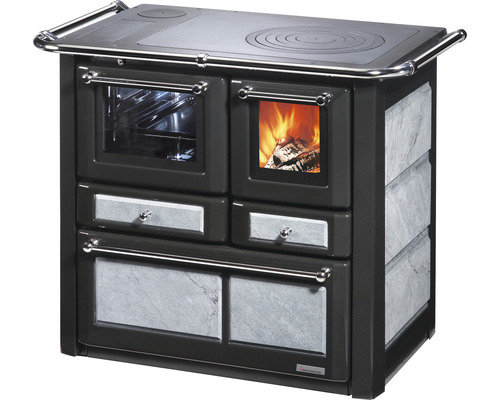 Festbrennstoffherd Westminster K85F grau Backofen links mit Stahlplatten-Kochfeld Holzherd mit Kochfeld, Backofen und Holzfeueransicht