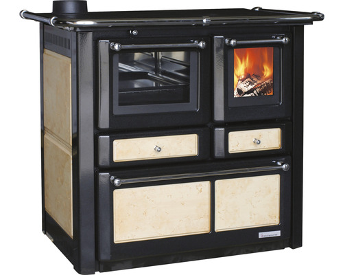 Festbrennstoffherd Westminster K85F beige Backofen links mit Stahlplatten-Kochfeld Holzherd mit Backofen und Kochfeld
