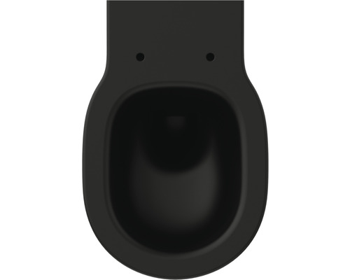 Draufsicht einer schwarzen Hänge-WC-Keramiktoilette.