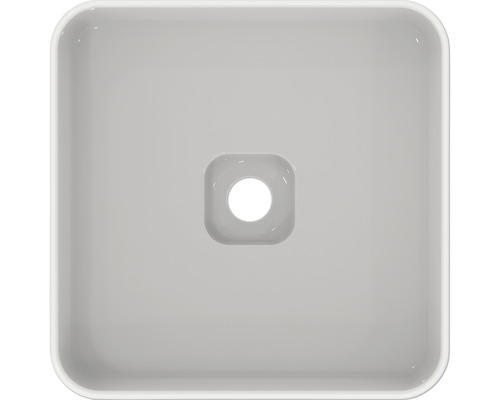 Aufsicht auf ein quadratisches Aufsatzwaschbecken aus Keramik mit Ablauf