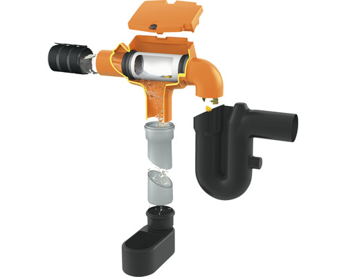 Explosionsdarstellung eines Dachrinnenfilters mit Laubabscheider und Geruchsverschluss