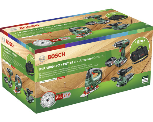 Bosch PSR 1800 LI-2 PST 18 LI Akku-Bohrschrauber, Akku-Stichsäge und Akku-Exzenterschleifer im Set