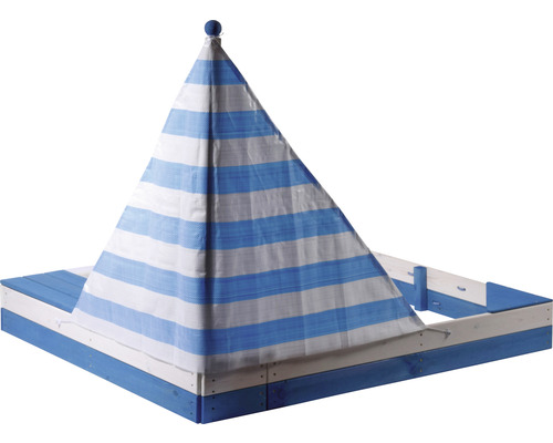 Sandkasten mit gestreiftem Sonnenschutzdach für den Garten