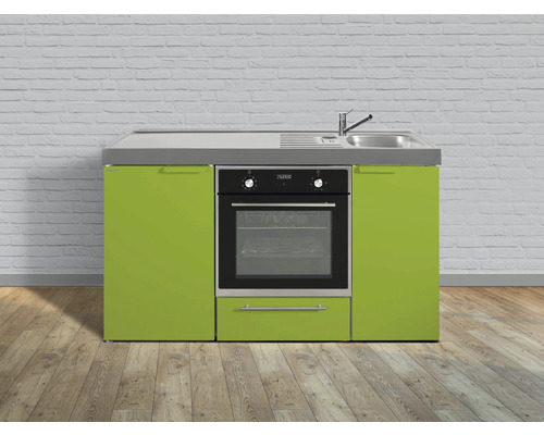 Stengel-Küchen Singleküche mit Geräten Kitchenline 150 cm Frontfarbe grün glänzend Korpusfarbe weiß montiert