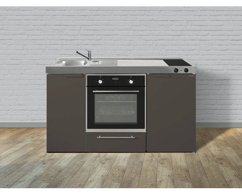 Stengel-Küchen Singleküche mit Geräten Kitchenline 150 cm Frontfarbe mokka metallic matt Korpusfarbe weiß montiert