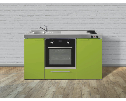 Stengel-Küchen Singleküche mit Geräten Kitchenline 150 cm Frontfarbe grün glänzend Korpusfarbe weiß montiert