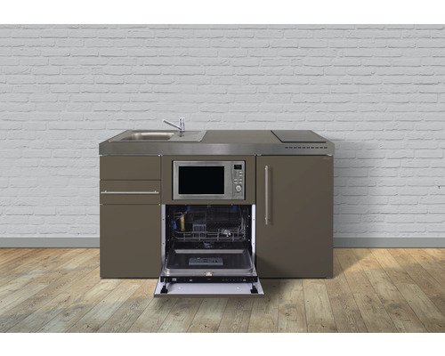 Stengel-Küchen Miniküche mit Geräten Premiumline 150 cm Frontfarbe mokka metallic matt Korpusfarbe weiß montiert