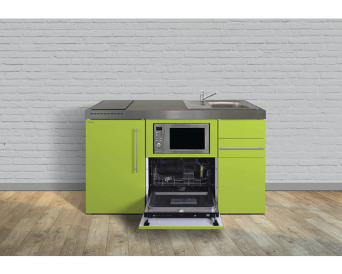 Stengel-Küchen Miniküche mit Geräten Premiumline 150 cm Frontfarbe grün glänzend Korpusfarbe weiß montiert