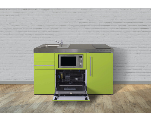 Stengel-Küchen Miniküche mit Geräten Premiumline 150 cm Frontfarbe grün glänzend Korpusfarbe weiß montiert